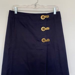 Tory Burch navy blue wrap skirt with brass closures
